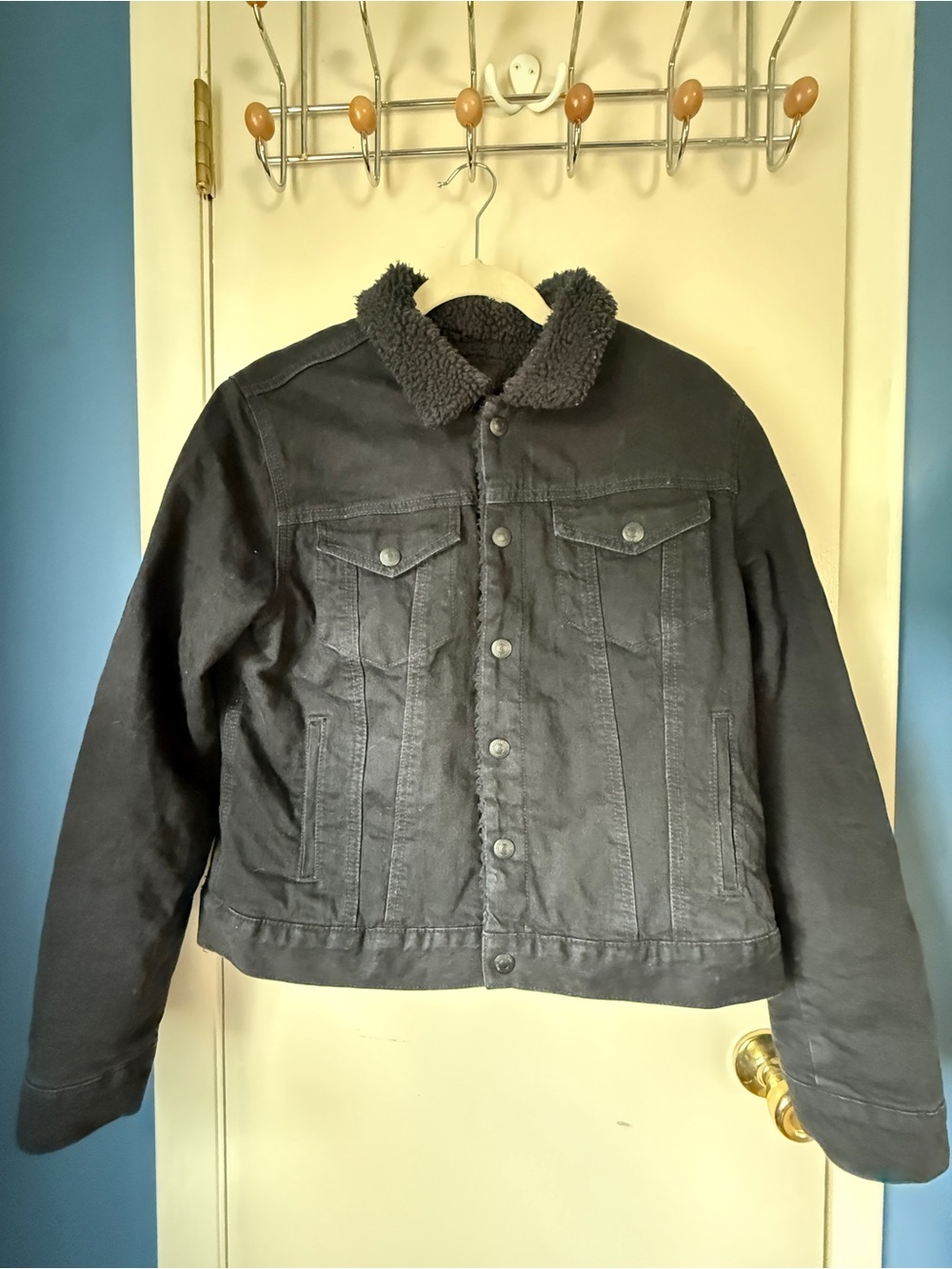 Lucky Brand Classic Icon Sherpa Lined Trucker Jacket Black on Black Denim Size L